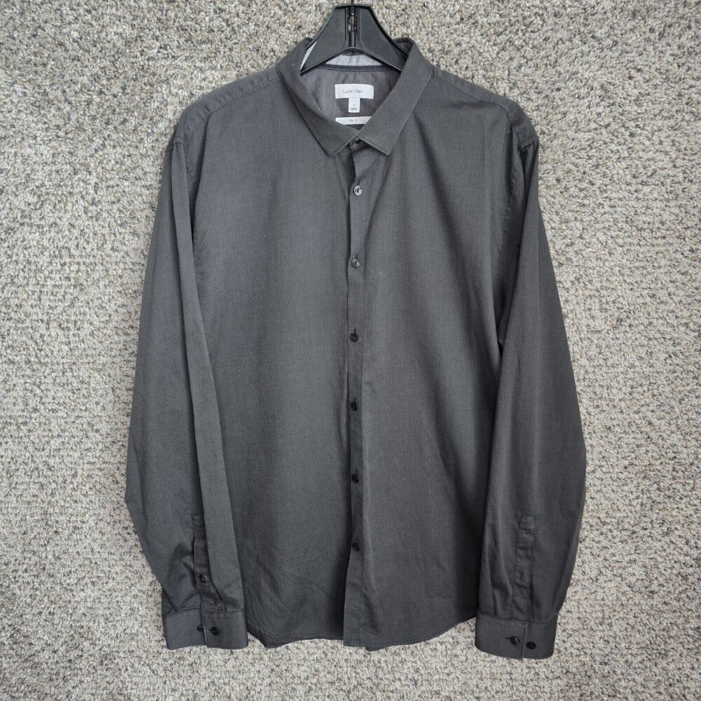 Calvin Klein Shirt Mens XL Button Up Slim Fit Gray Long Sleeve Career Cotton